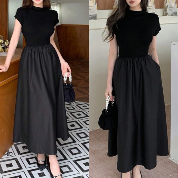 Dresses & Skirts - Mock neck short sleeve contrast midi / maxi casual dress